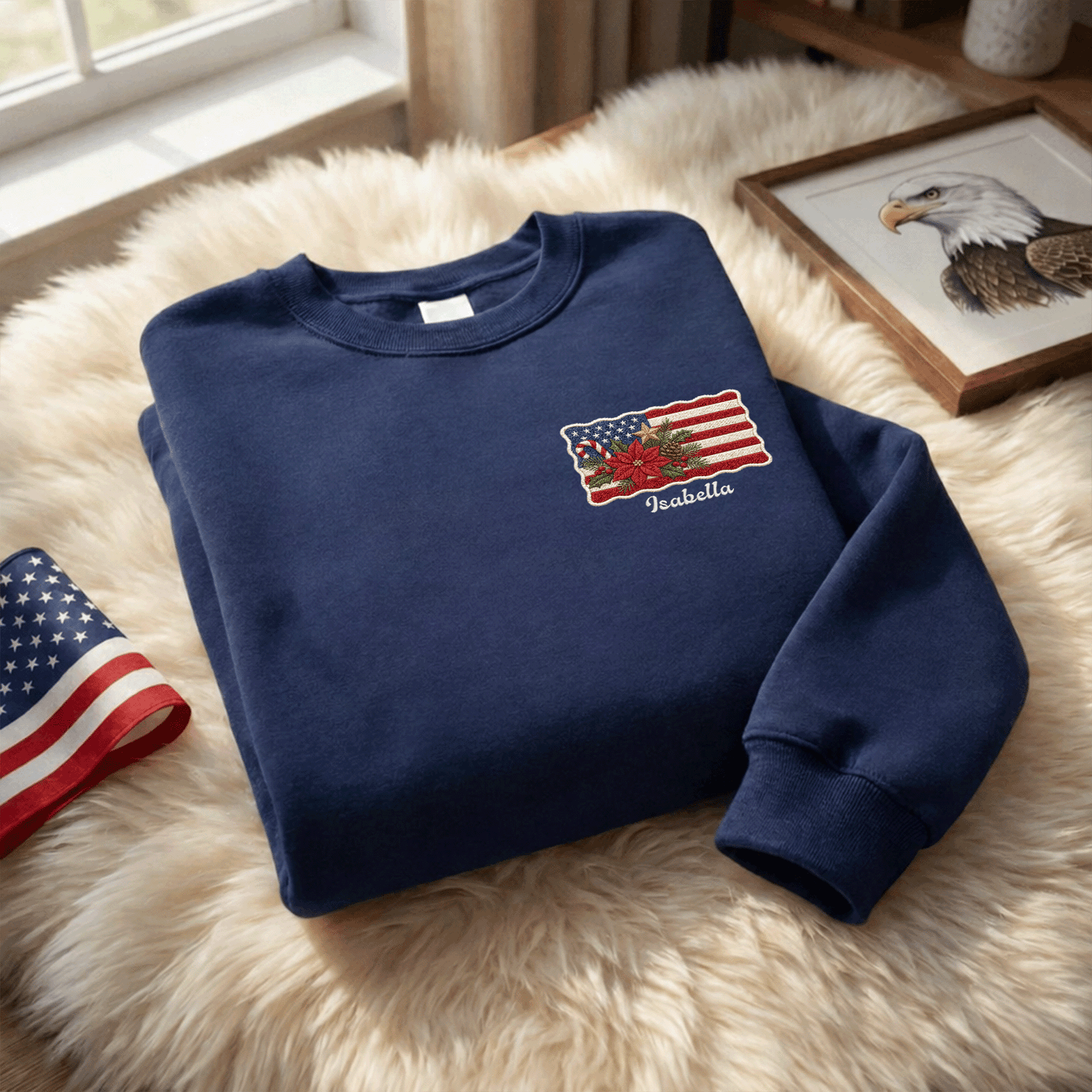 Personalized Christmas American Flag Embroidered Sweatshirt | Custom Name Holiday Crewneck Gift