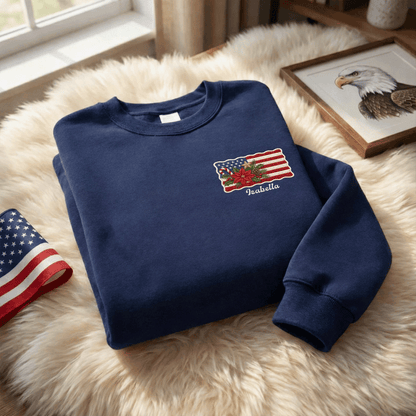 Personalized Christmas American Flag Embroidered Sweatshirt | Custom Name Holiday Crewneck Gift