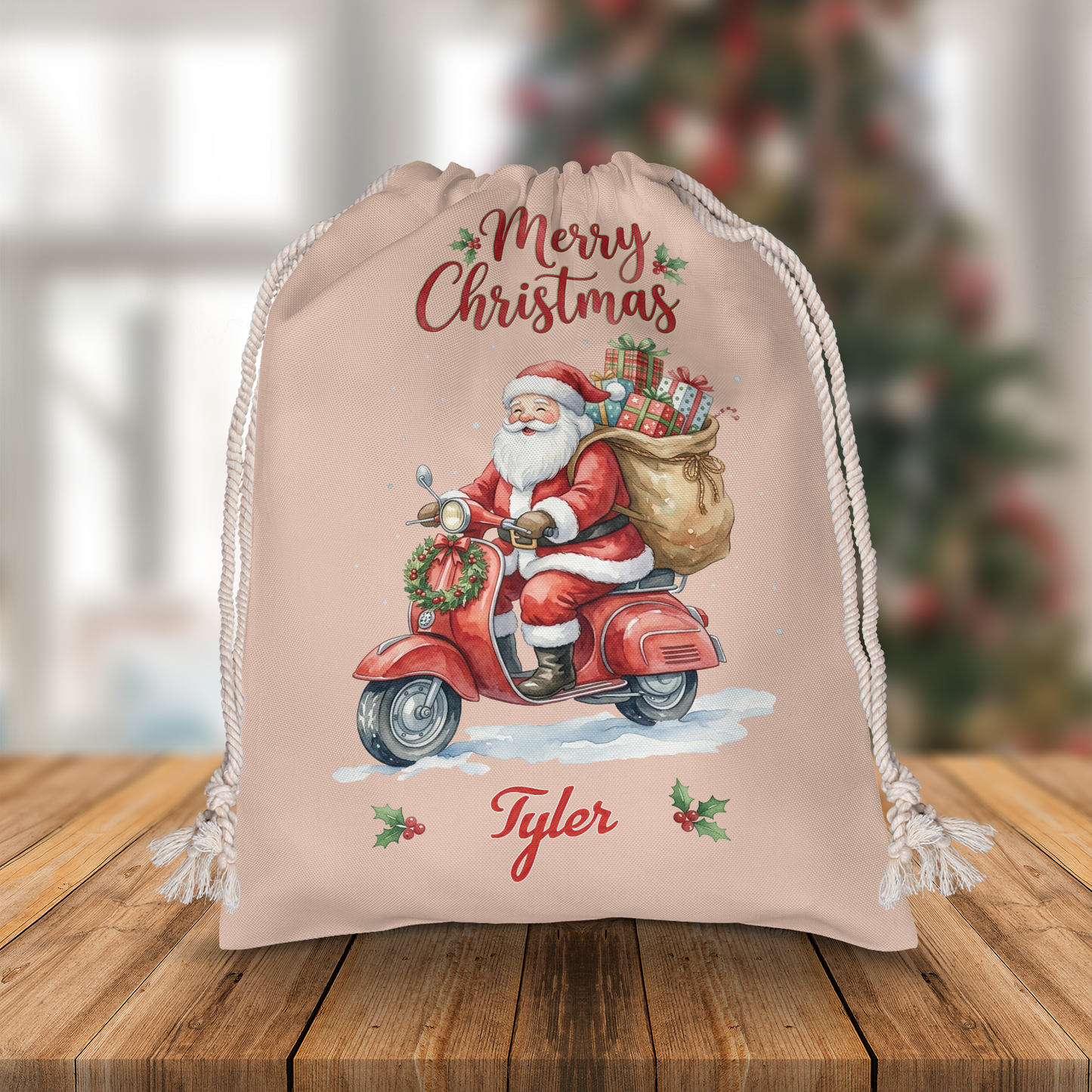 Personalized Cute Santa on Scooter Christmas Sack with Custom Name