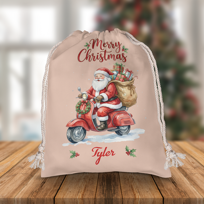 Personalized Cute Santa on Scooter Christmas Sack with Custom Name