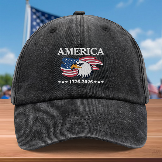 America 250 Years 1776-2026 Eagle Embroidered Washed Denim Baseball Cap - Custom Name Patriotic USA Anniversary Hat