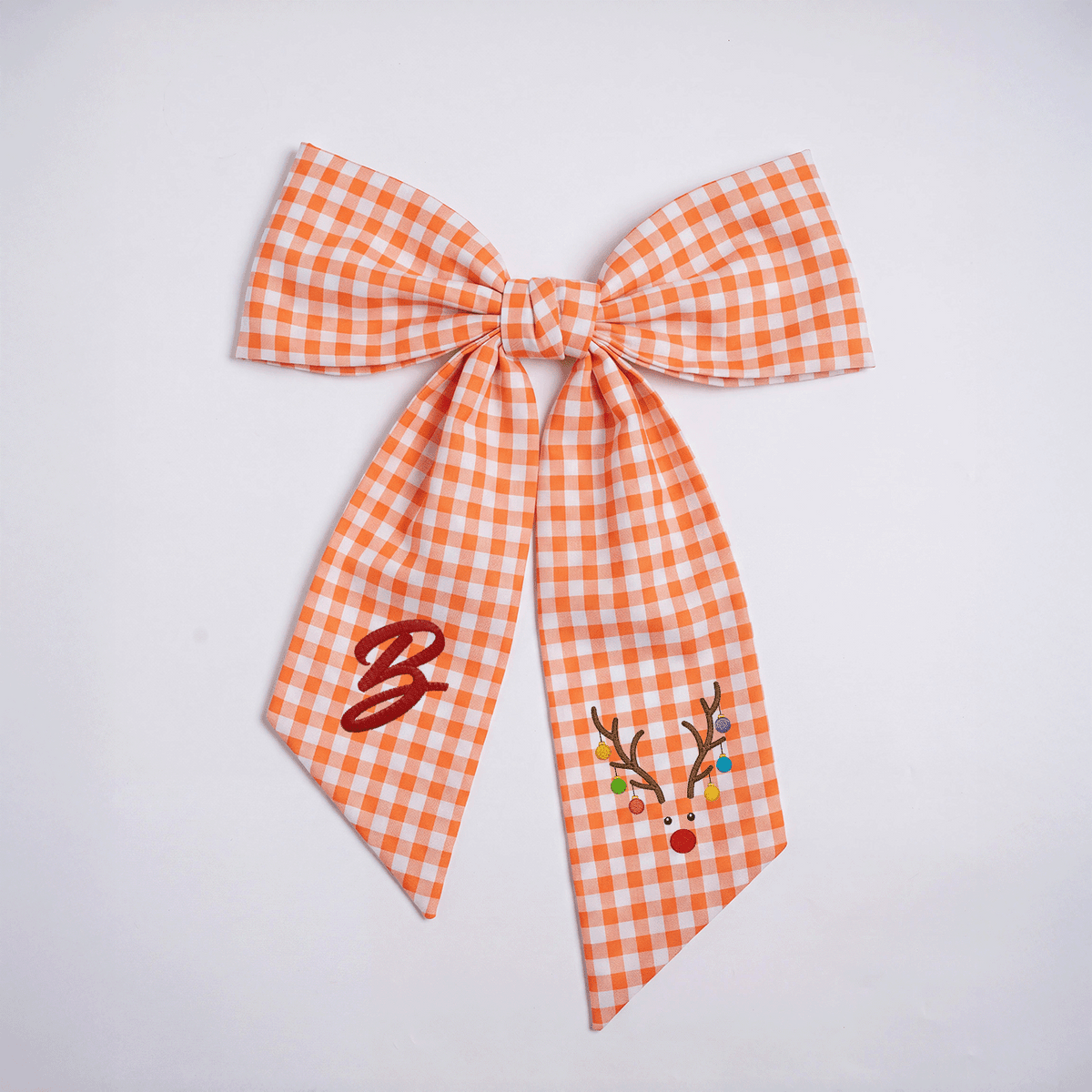 Custom Letter Reindeer Antlers Lights Embroidered Linen Wreath Sash, Personalized Monogram Holiday Bow Sash for Door Decor