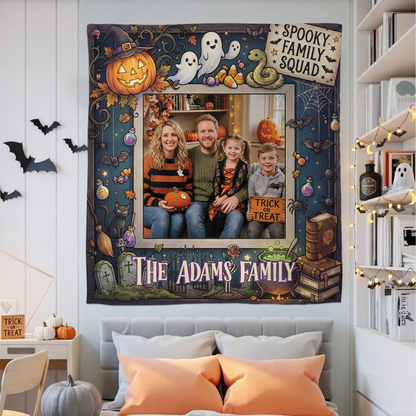Personalized Halloween Spooky Family Squad Photo Tapestry, Custom Family Photo Name Wall Hanging Decor, Halloween Party Background Backdrop