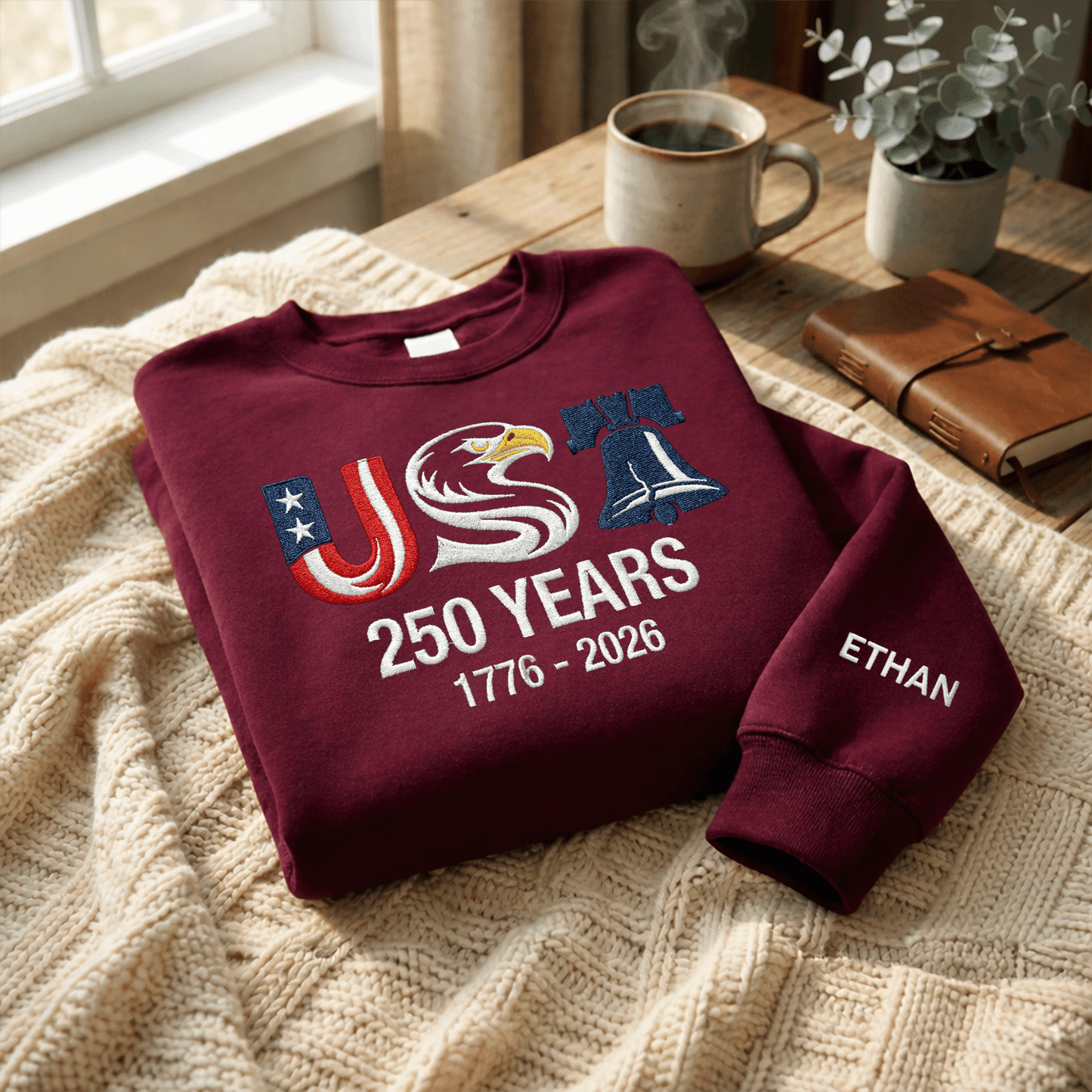 USA 250 Years 1776–2026 Embroidered Sweatshirt - Patriotic Independence Day Crewneck