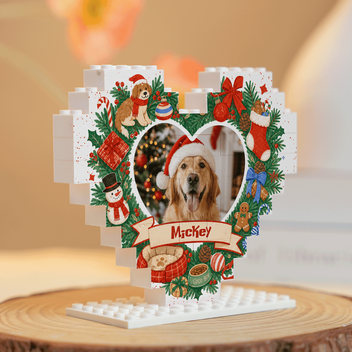 Personalized Photo Christmas Building Block Heart Shape in Cream White, Custom Dog Photo Wreath & Pet Accessories Brick Puzzle Keepsake Decor, Holiday Gift for Dog Lovers