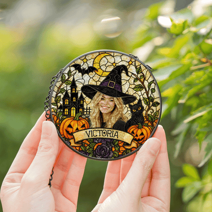 Personalized Halloween Witch Custom Photo Black Cat Stained Glass Suncatcher Window Hanging Custom Name Home Wall Decor