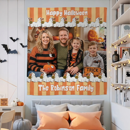 Personalized Halloween Ghost Dog Orange Striped Photo Tapestry, Custom Family Photo Name Wall Hanging Decor, Cute Dachshund Ghost Dog Party Backdrop