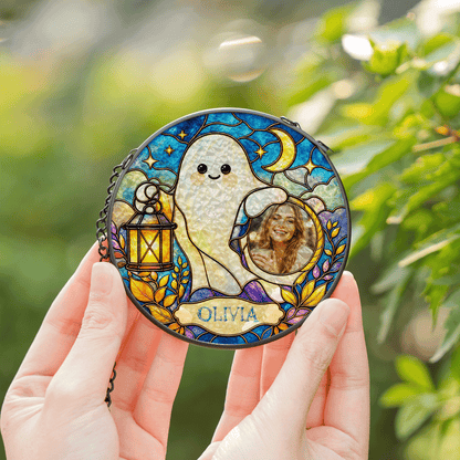 Personalized Halloween Cute Ghost Lantern Custom Photo Crescent Moon Stained Glass Suncatcher Window Hanging Custom Name Home Wall Decor