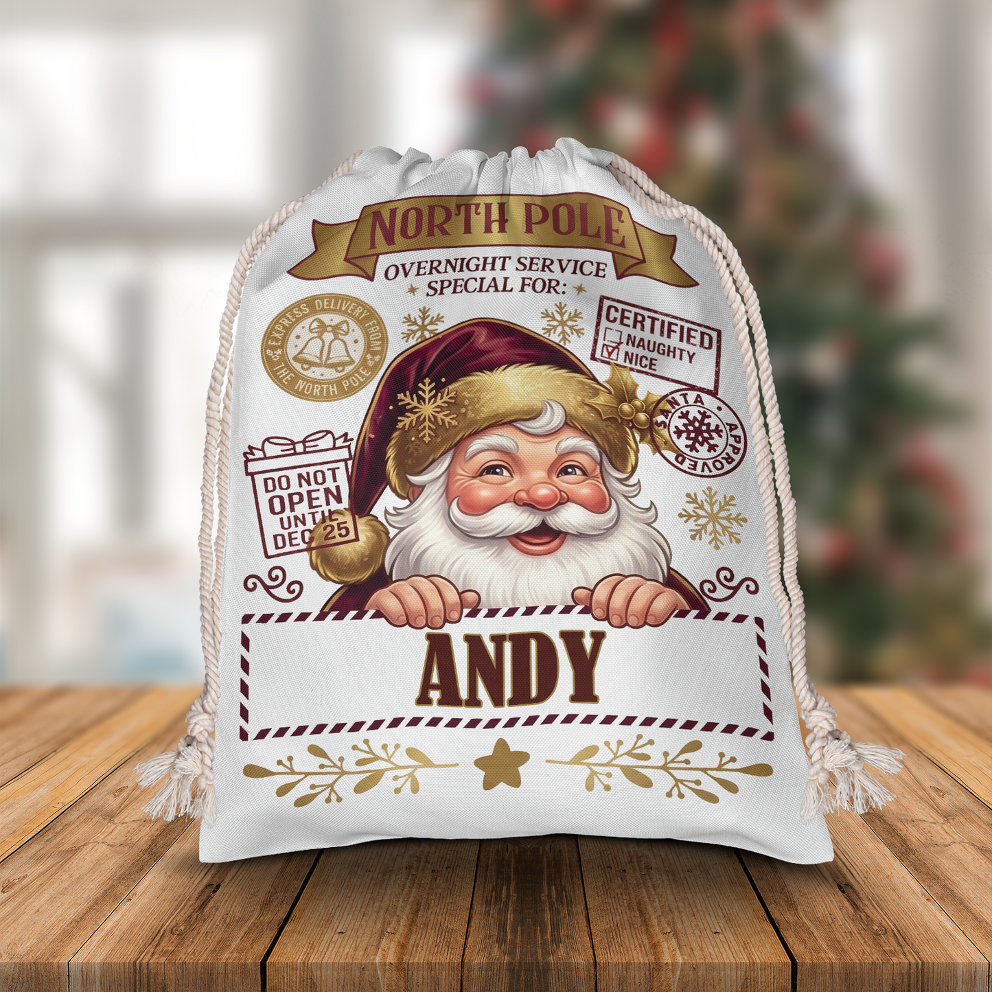 Personalized North Pole Santa Claus Christmas Sack, Custom Name Santa Gift Bag