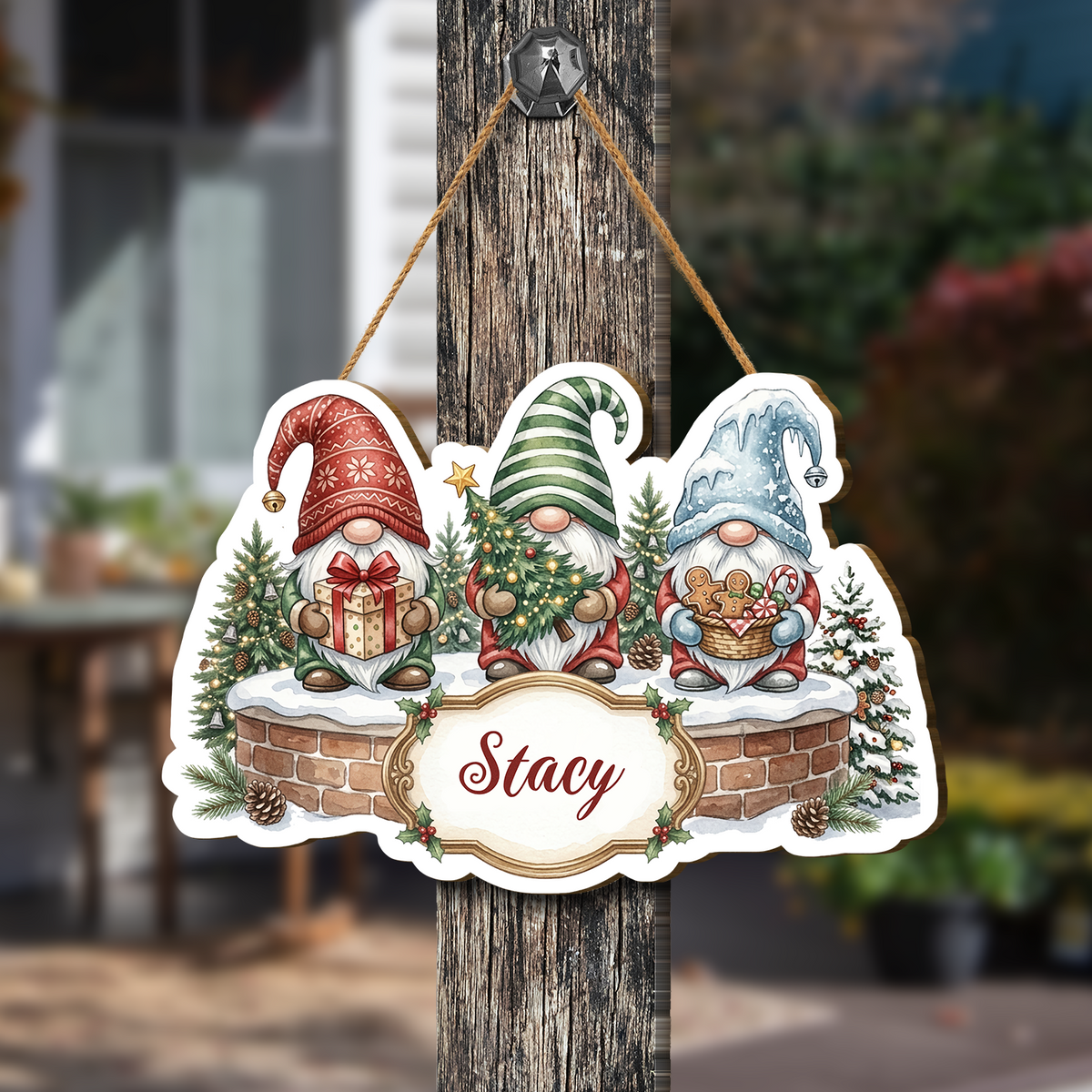Personalized Christmas Gnomes Custom Shape Wood Sign, Custom Family Name Three Holiday Gnomes Brick Wall Wooden Hanging Plaque, Festive Christmas Door & Wall Decor Family Gift