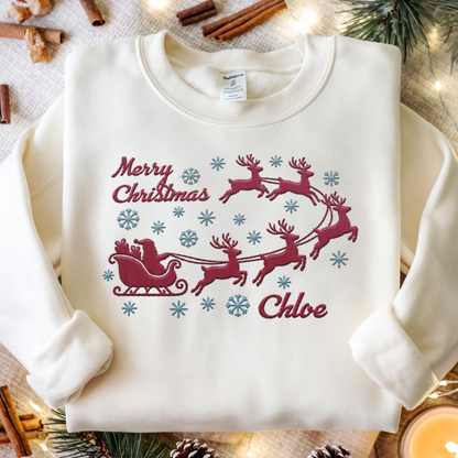 Personalized Embroidered Santa Sleigh Reindeer Sweatshirt with Custom Name