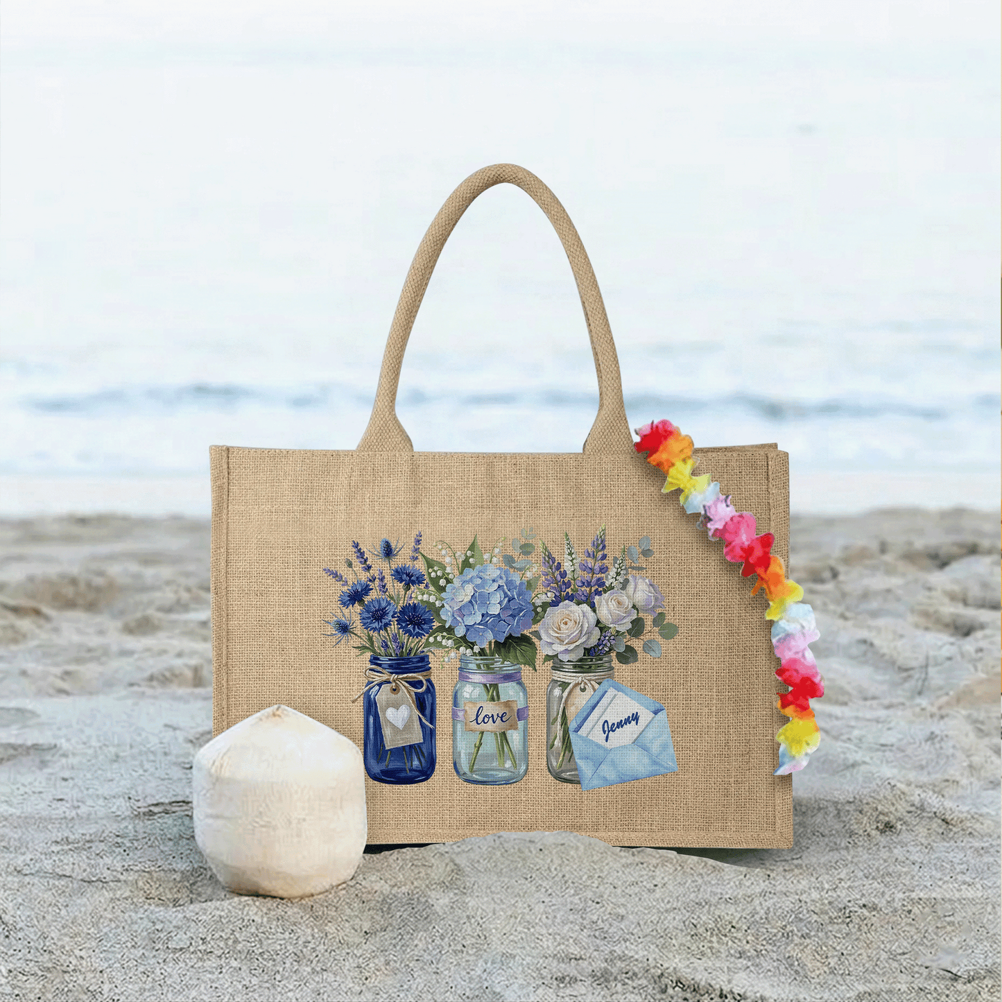 Personalized Blue Blossom Linen Handbag – Family Love Gift