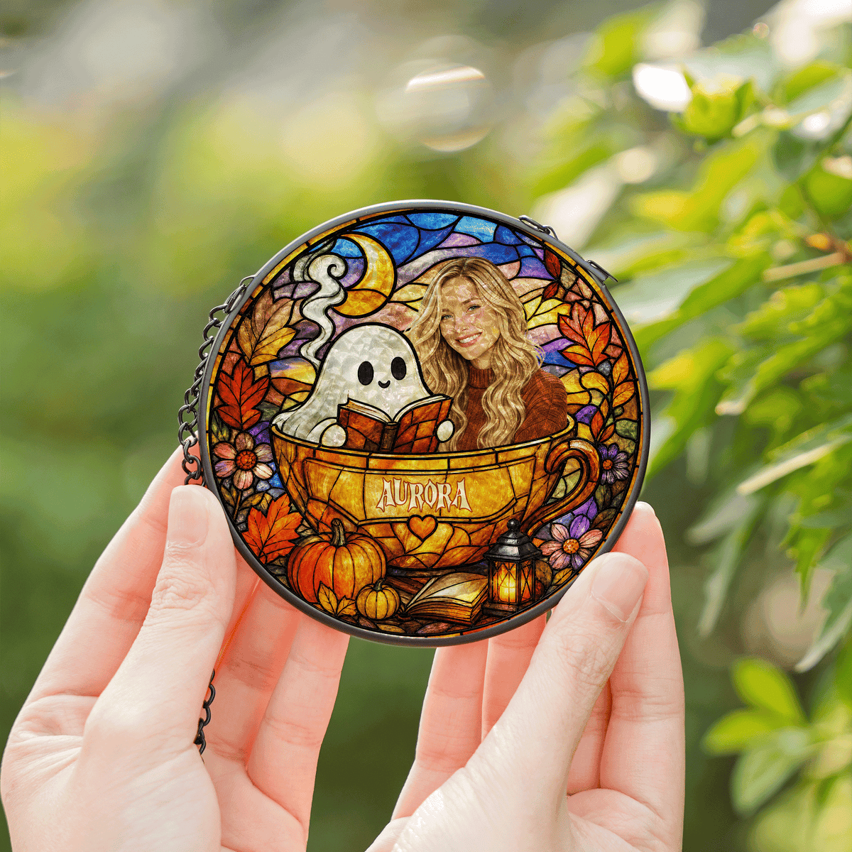 Personalized Halloween Ghost Reading Book Custom Photo Teacup Stained Glass Suncatcher Window Hanging Custom Name Home Wall Decor