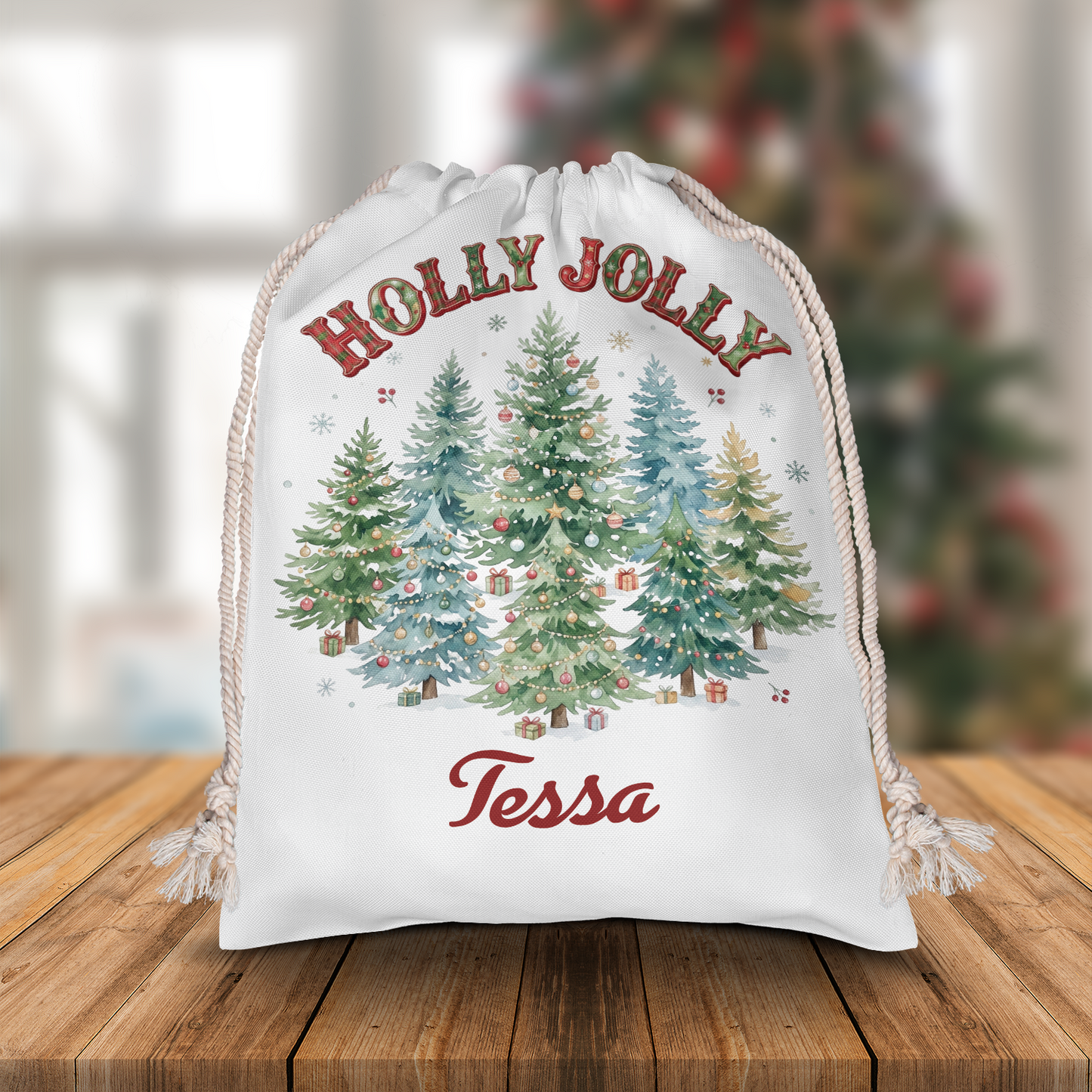 Personalized Holly Jolly Christmas Sack, Custom Name Santa Gift Bag