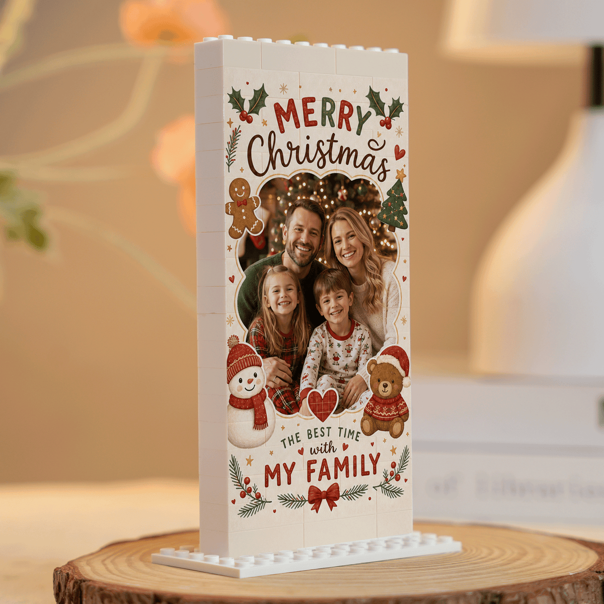 Personalized Photo Christmas Building Block in Warm Cream & Red, Custom Family Picture Vintage Snowman & Teddy Bear Brick Puzzle Keepsake Decor, Festive Holiday Desk Gift