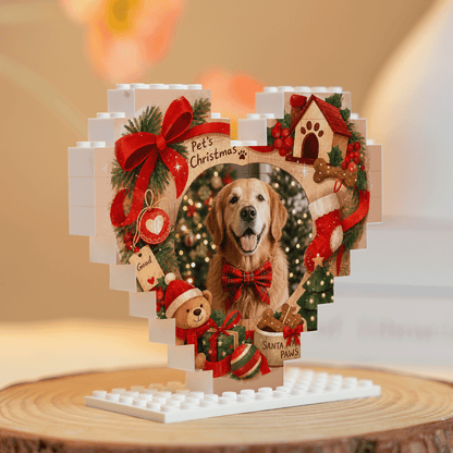 Personalized Photo Christmas Building Block Heart Shape in Rustic Wood Grain, Custom Dog Photo Pet House & Christmas Tree Brick Puzzle Keepsake Decor, Holiday Gift for Dog Lovers