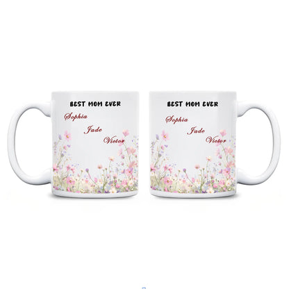 Personalized Mom Floral Mug with Kids Names – Custom Coffee Cup Mother’s Day Gift for Mom
