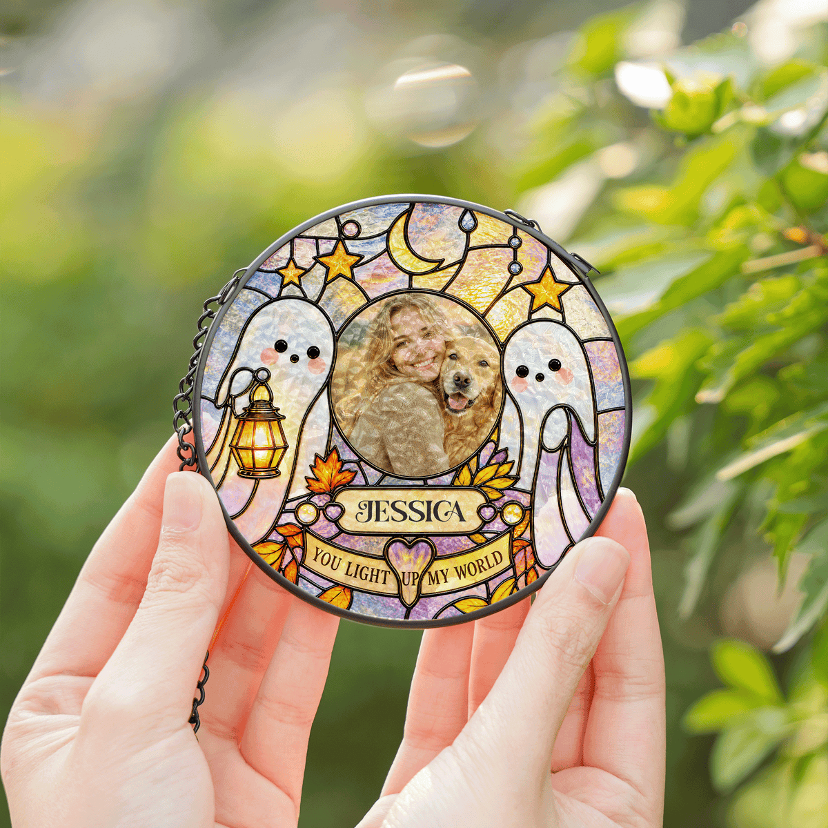 Personalized Halloween Ghost Lantern Custom Photo Pet You Light Up My World Stained Glass Suncatcher Window Hanging Custom Name Home Wall Decor