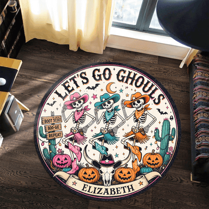 Personalized Halloween Lets Go Ghouls Western Skeleton Cowgirl Round Rug Custom Name Home Decor Floor Mat