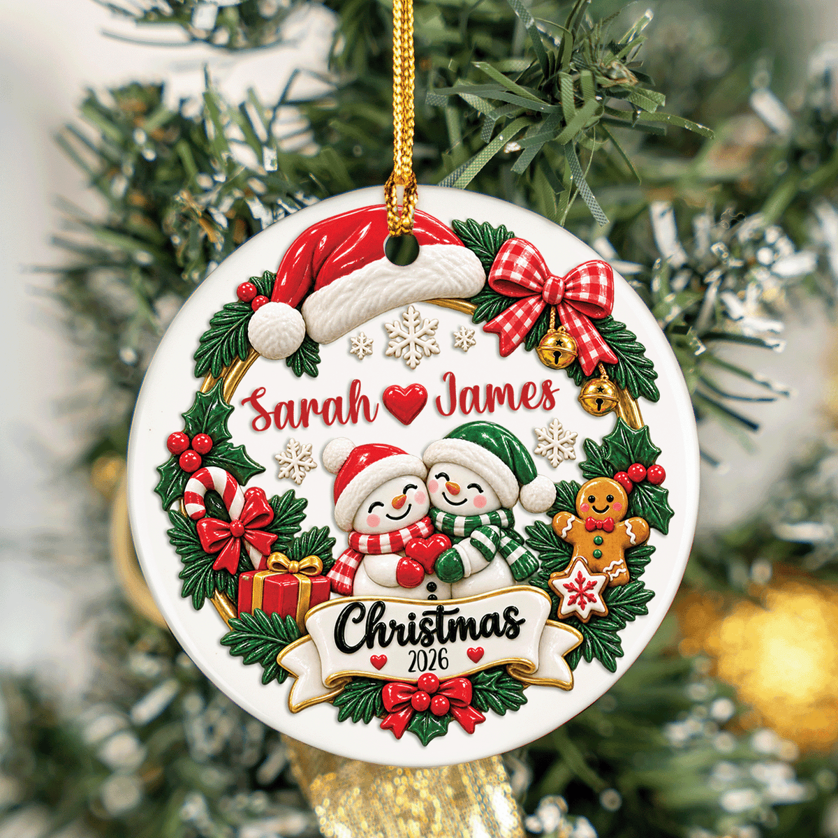 Personalized Couple Snowman Wreath Christmas Ceramic Ornament, Custom Name Year Xmas Tree Hanging Decor Keepsake, Romantic Couple Holiday Gift