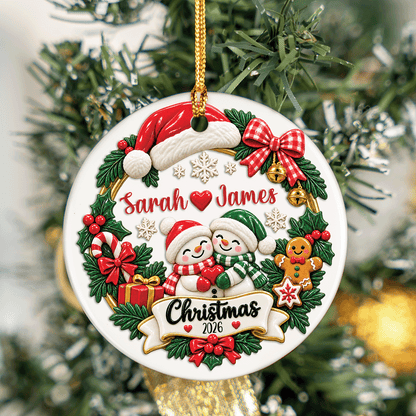 Personalized Couple Snowman Wreath Christmas Ceramic Ornament, Custom Name Year Xmas Tree Hanging Decor Keepsake, Romantic Couple Holiday Gift