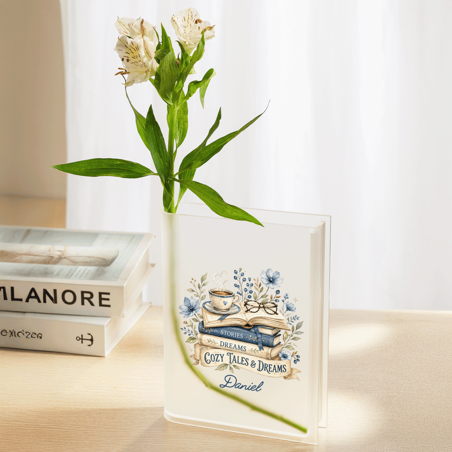 Personalized Stories, Dreams, Cozy Tales & Dreams Acrylic Book Vase with Custom Name