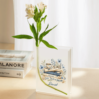 Personalized Stories, Dreams, Cozy Tales & Dreams Acrylic Book Vase with Custom Name