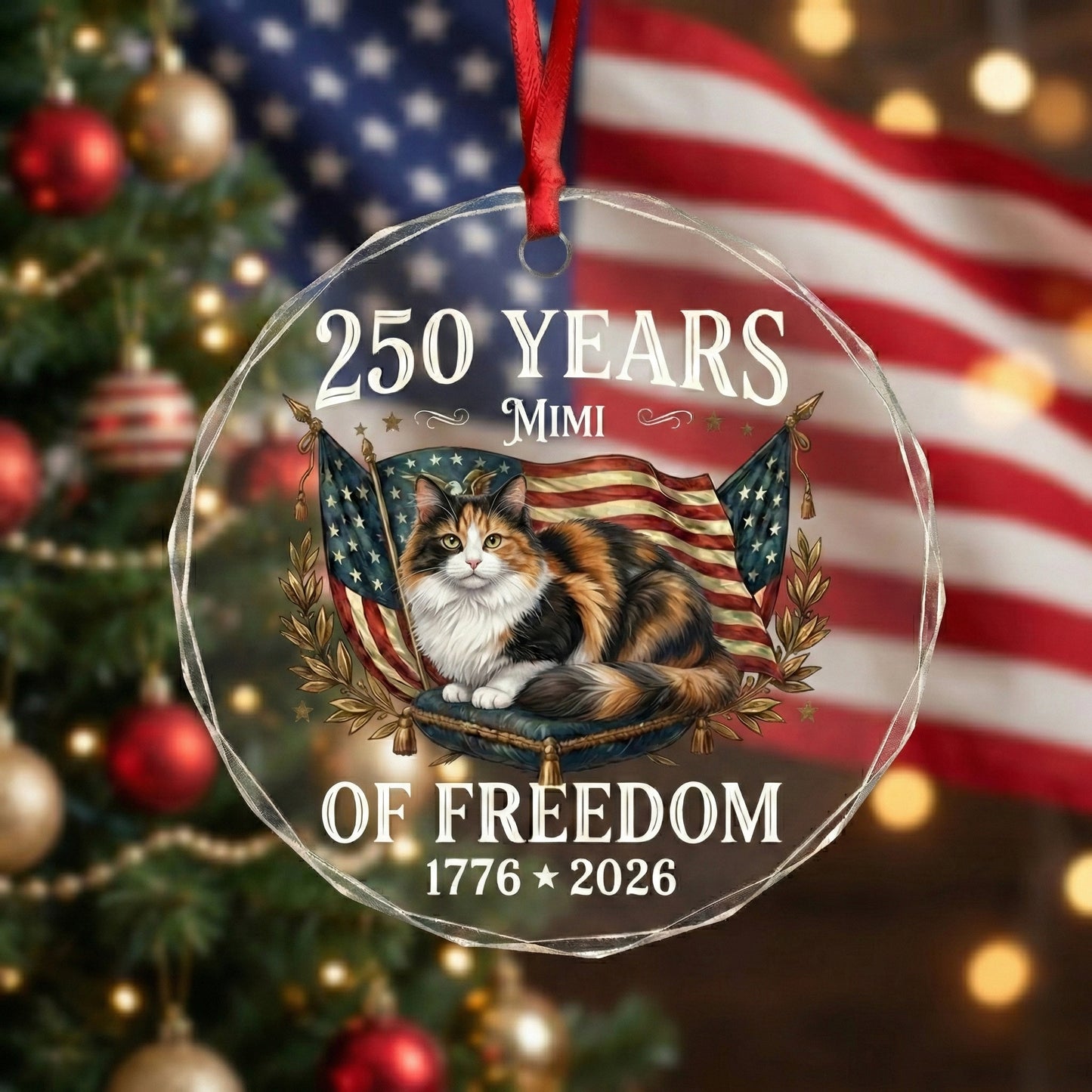 Personalized Cat Name 250 America Glass Ornament – Patriotic USA Keepsake