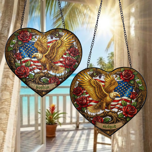 Personalized Eagle & Roses Stained Glass Heart Suncatcher - Patriotic USA Window Hanging Decor