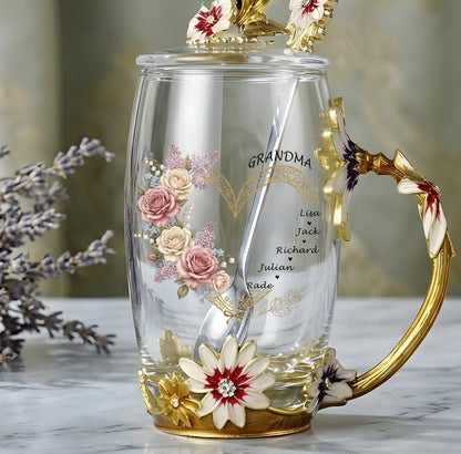 Grandma Floral Tea Cup with Kids’ Names – Personalized Enamel Flower Mug Mother’s Day Gift for Grandma