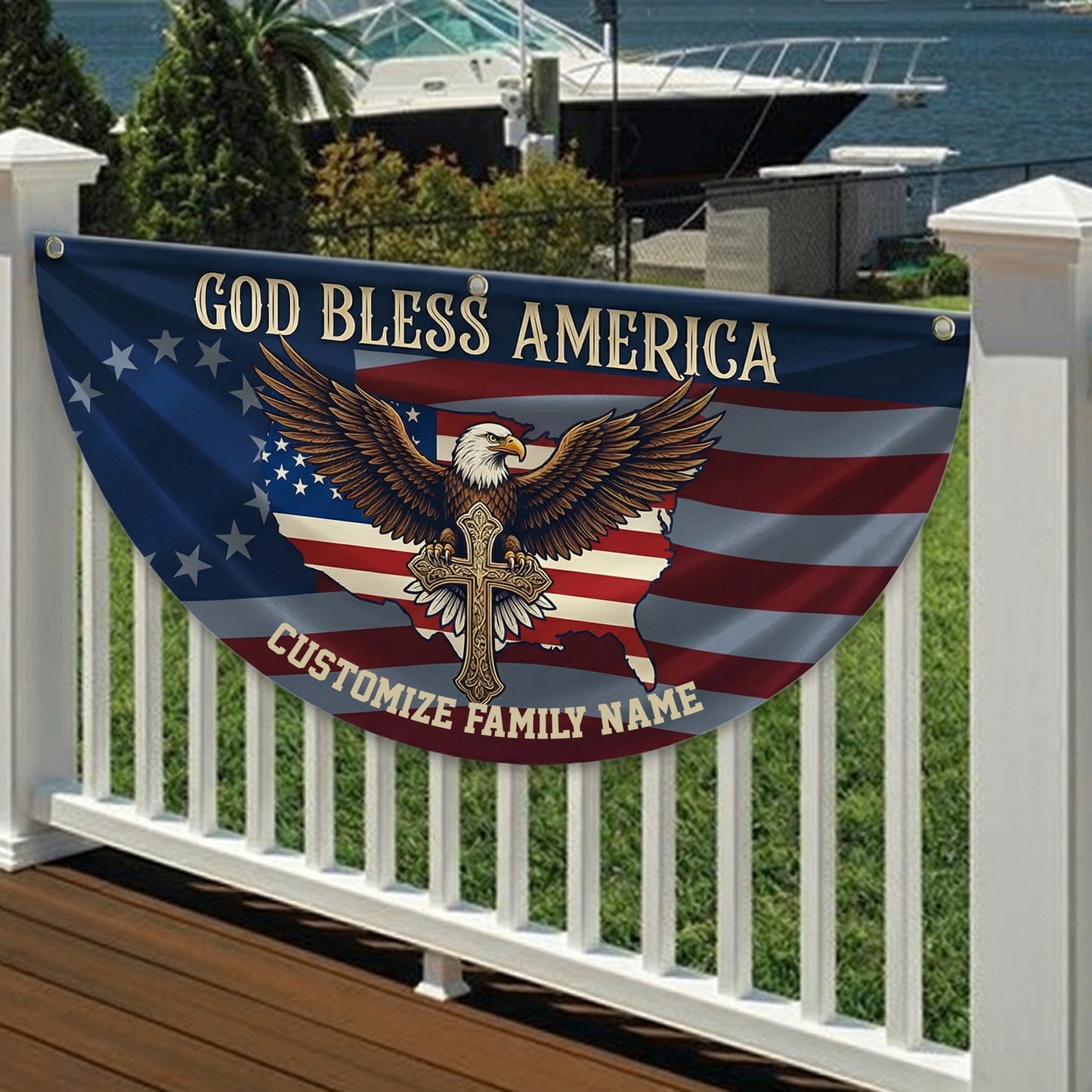 Custom Family Name Patriotic 250th Anniversary God Bless America Eagle 1776–2026 Non-Pleated Fan Flag