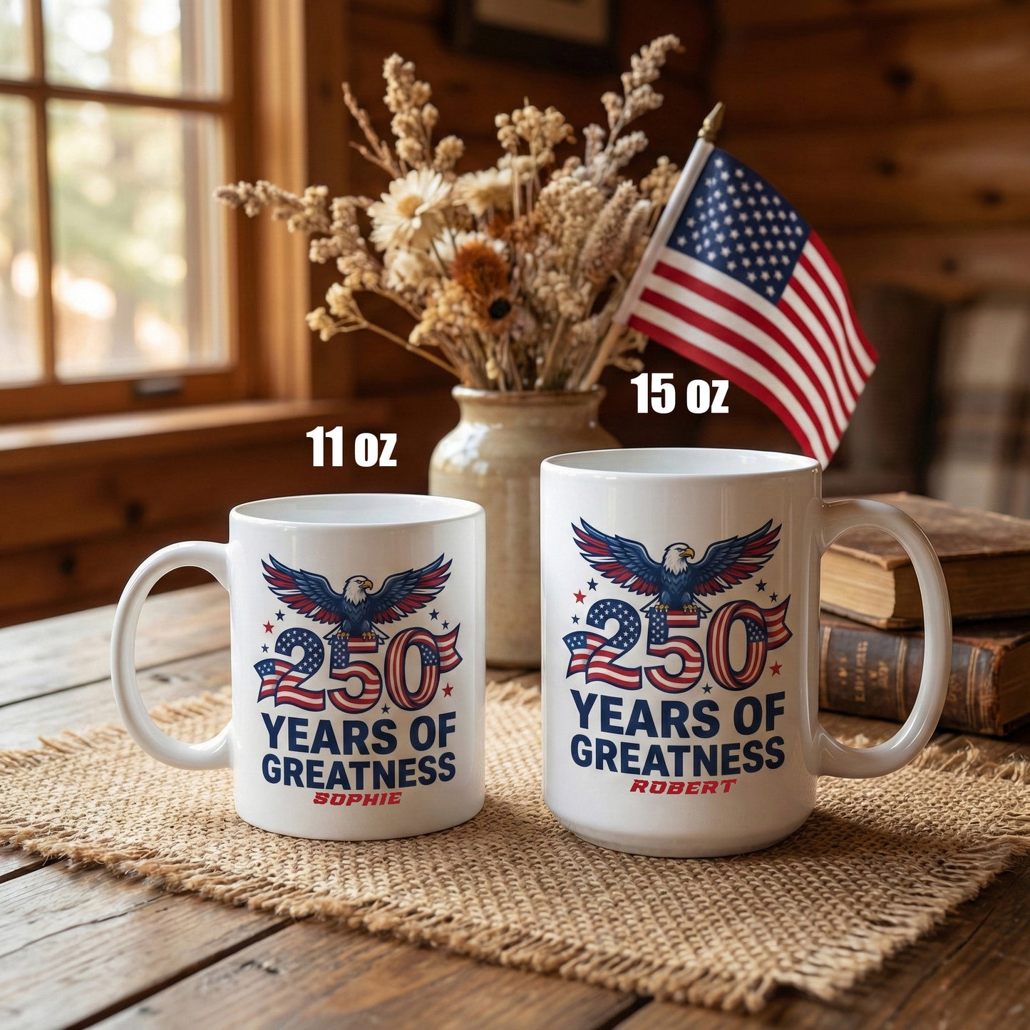250 Years of Greatness USA Personalized White Mug – Custom Name Patriotic America 1776–2026 Mug