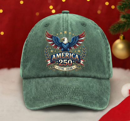 America 250 Washed Denim Baseball Cap – Personalized Eagle USA Patriotic Hat 1776–2026