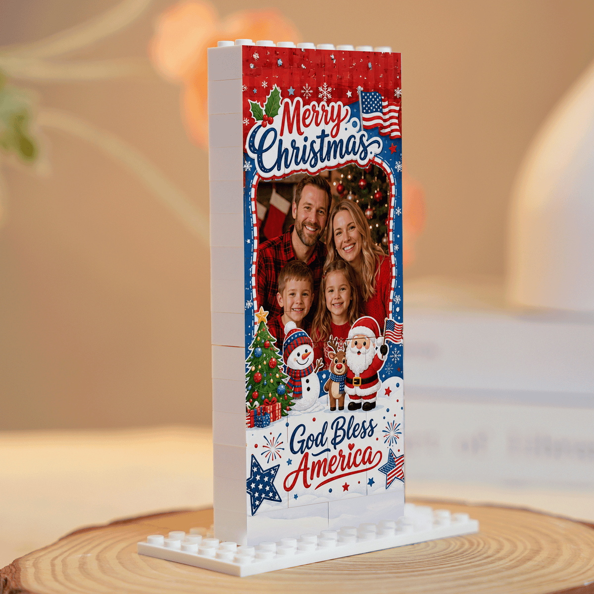 Personalized Photo Christmas Building Block in Navy Blue, Red & White, Custom Family Picture Patriotic God Bless America Santa Brick Puzzle Keepsake Decor, Festive Holiday Desk Gift