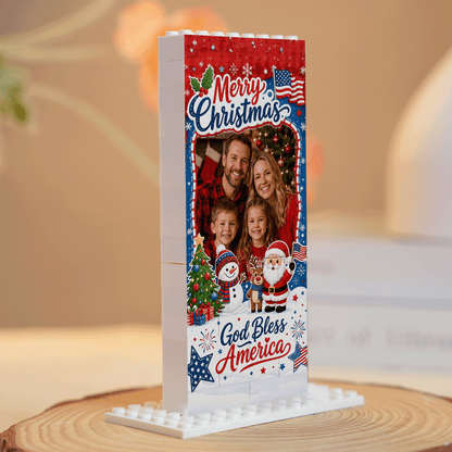 Personalized Photo Christmas Building Block in Navy Blue, Red & White, Custom Family Picture Patriotic God Bless America Santa Brick Puzzle Keepsake Decor, Festive Holiday Desk Gift