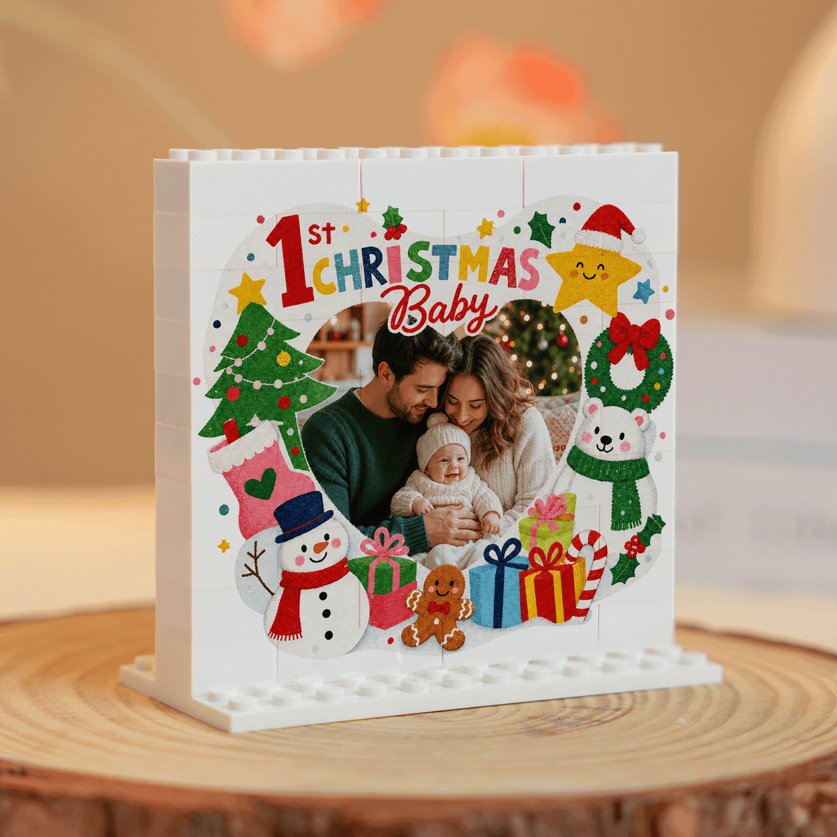 Personalized Photo Christmas Building Block in Cream White, Custom Baby First Christmas Photo Snowman & Polar Bear Brick Puzzle Keepsake Decor, Holiday Gift for New Parents