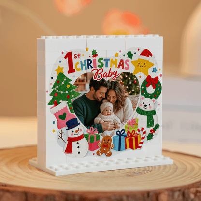 Personalized Photo Christmas Building Block in Cream White, Custom Baby First Christmas Photo Snowman & Polar Bear Brick Puzzle Keepsake Decor, Holiday Gift for New Parents