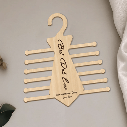 Personalized Tie Hanger for Dad – “Best Dad Ever” Wooden Organizer Gift