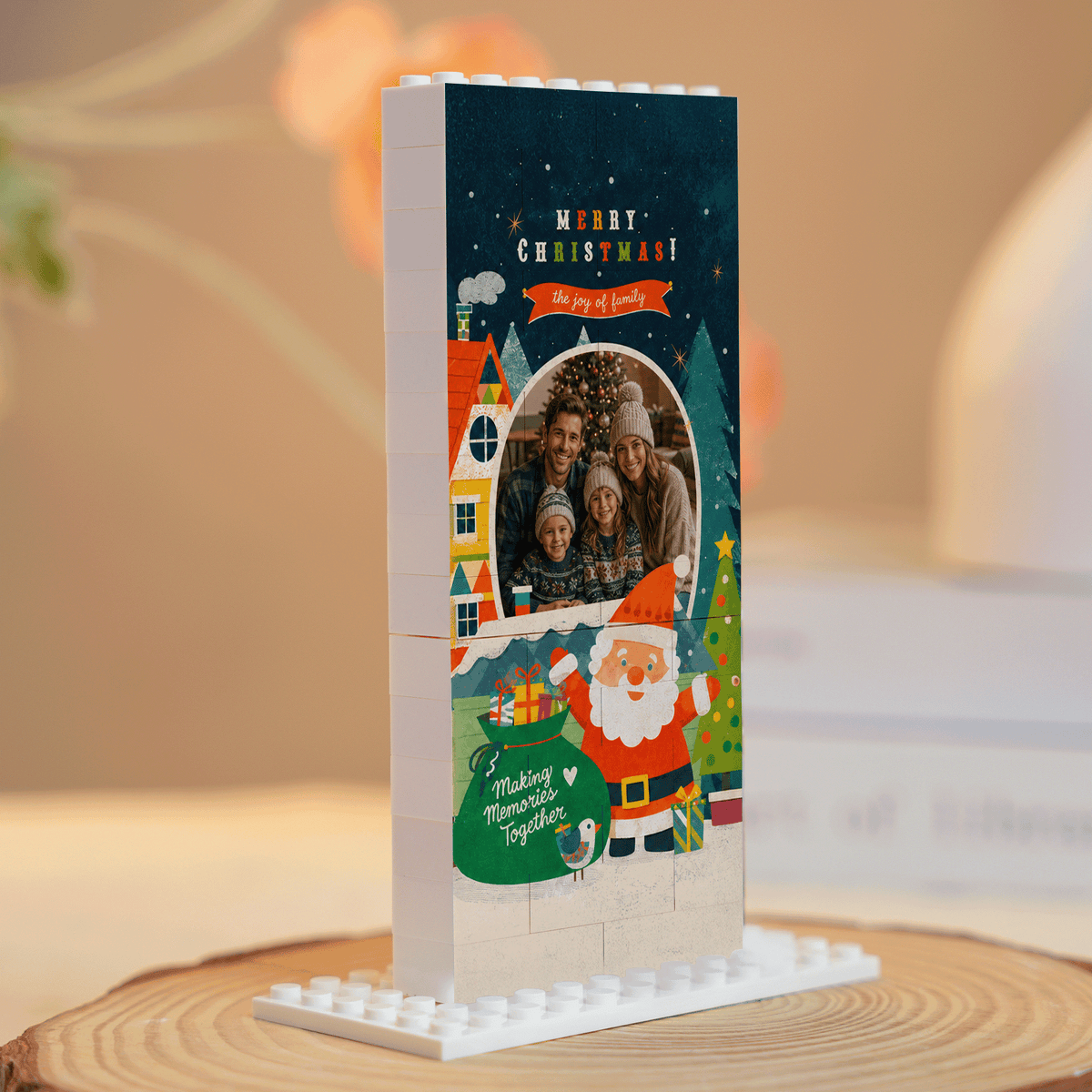 Personalized Photo Christmas Building Block in Deep Teal, Custom Family Picture Santa Claus & Snowy Village Brick Puzzle Keepsake Decor, Festive Holiday Desk Gift