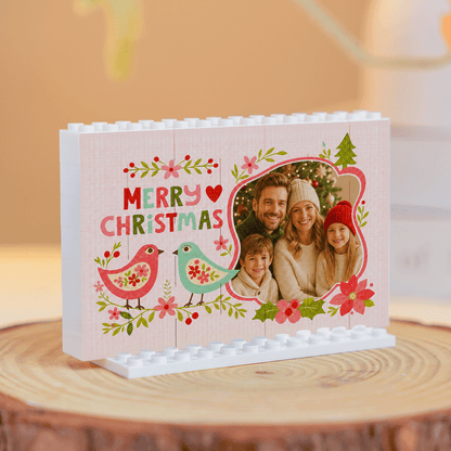 Personalized Photo Christmas Building Block in Pastel Pink, Custom Family Picture Folk Art Birds & Poinsettia Brick Puzzle Keepsake Decor, Festive Holiday Desk Gift