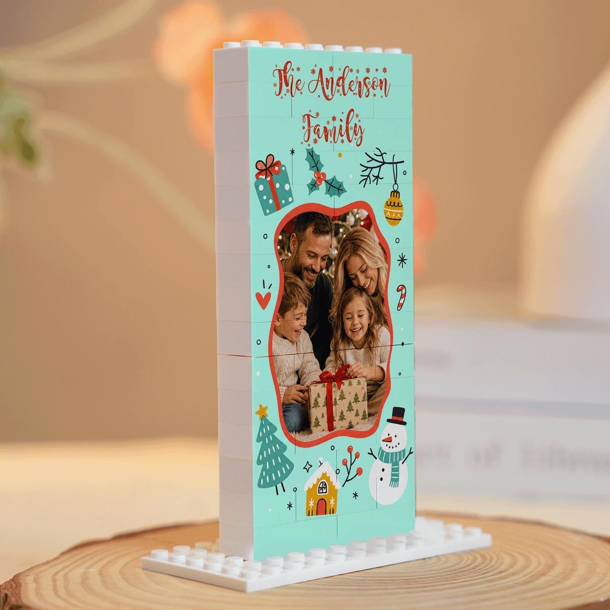 Personalized Photo Christmas Building Block in Vertical Mint Green, Custom Family Name Snowman & Gingerbread House Brick Puzzle Keepsake Decor, Festive Holiday Desk Gift
