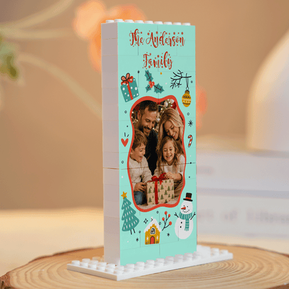 Personalized Photo Christmas Building Block in Vertical Mint Green, Custom Family Name Snowman & Gingerbread House Brick Puzzle Keepsake Decor, Festive Holiday Desk Gift