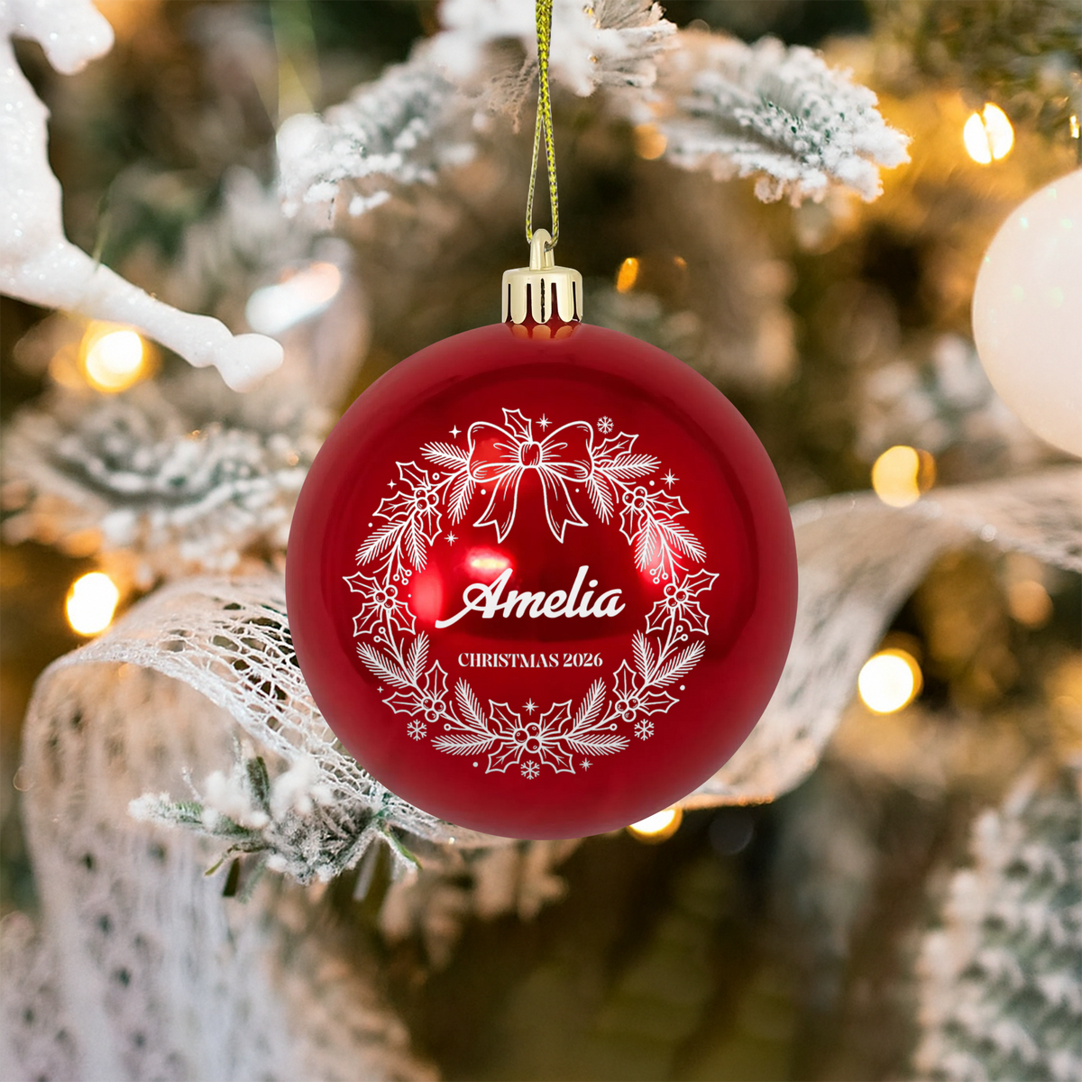 Personalized Name Dated Christmas Wreath Red Ball Ornament, Custom Line Art Shatterproof Plastic Bauble