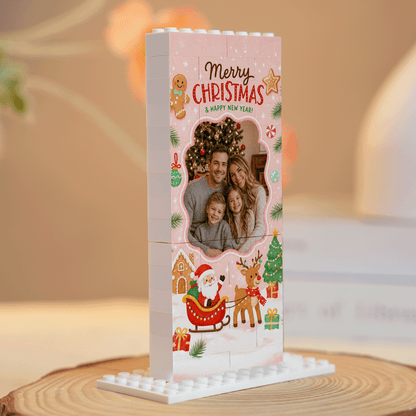 Personalized Photo Christmas Building Block in Pastel Pink, Custom Family Picture Santa Sleigh & Reindeer Brick Puzzle Keepsake Decor, Festive Holiday Desk Gift