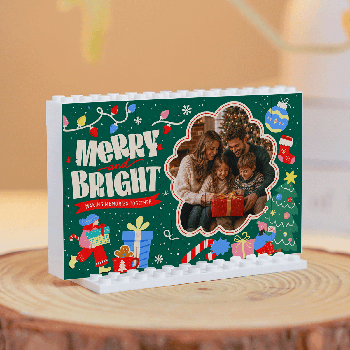 Personalized Photo Christmas Building Block in Deep Green, Custom Family Picture Holiday Lights "Merry and Bright" Brick Puzzle Keepsake Decor, Festive Holiday Desk Gift