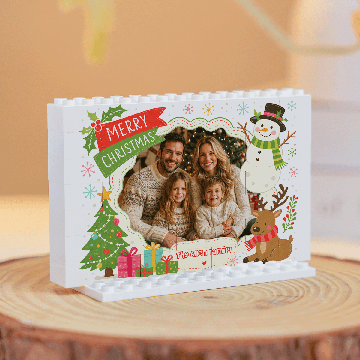 Personalized Photo Christmas Building Block in White Shiplap, Custom Family Name Snowman & Reindeer Brick Puzzle Keepsake Decor, Festive Holiday Desk Gift