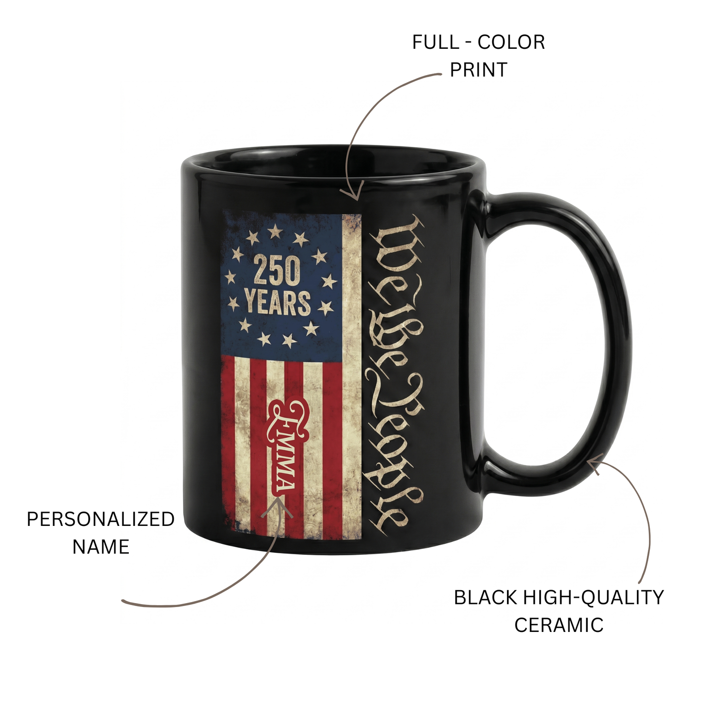 We The People America 250 Personalized Black Mug – Custom Name Patriotic USA Semiquincentennial Mug