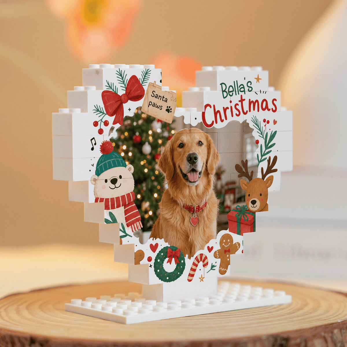 Personalized Photo Christmas Building Block Heart Shape in Cream White, Custom Dog Photo Reindeer & Bear Brick Puzzle Keepsake Decor, Holiday Gift for Pet Lovers