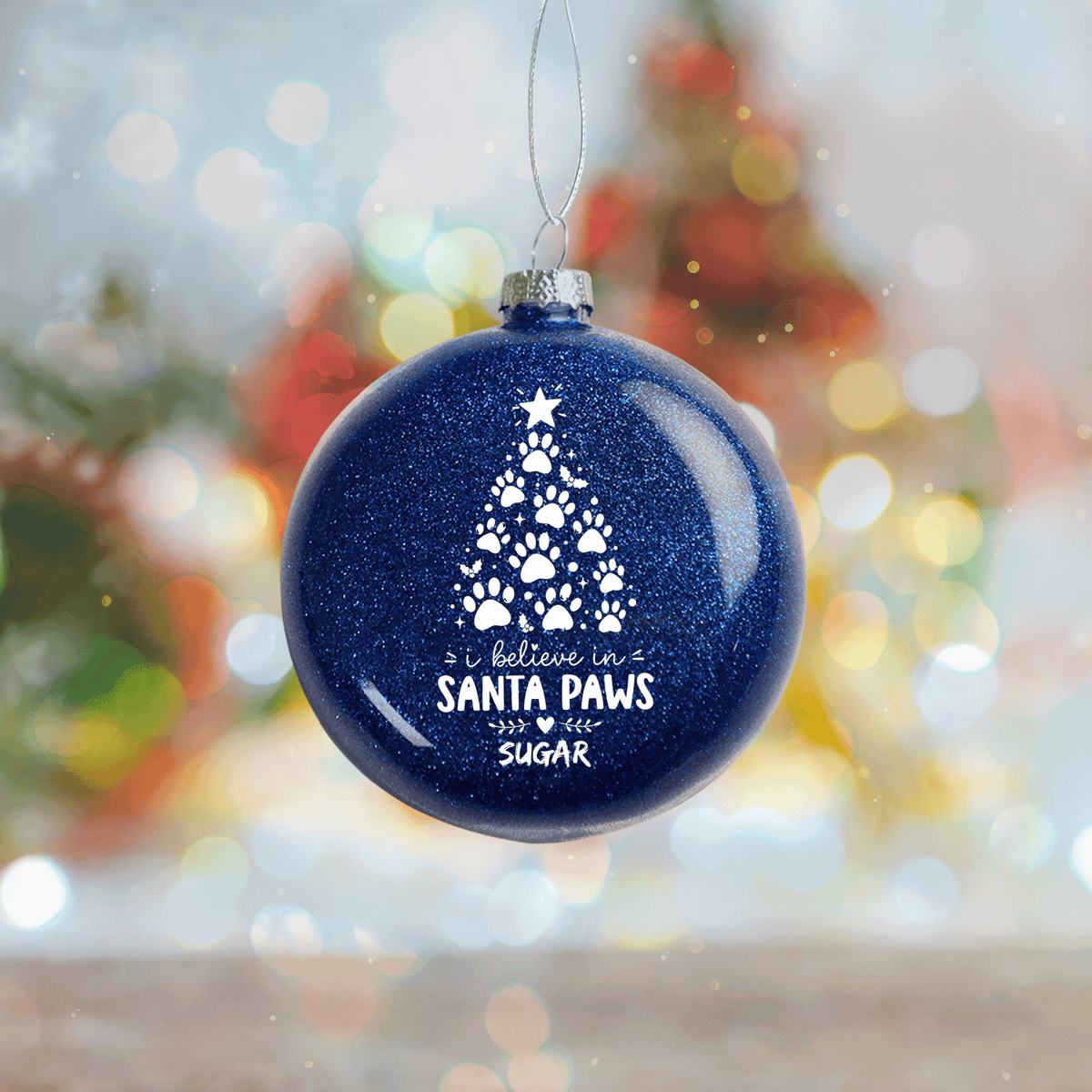 Personalized Dog Name I Believe In Santa Paws Red Glitter Ball Ornament, Double-Sided Shatterproof Plastic Pet Bauble
