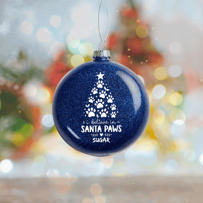 Personalized Dog Name I Believe In Santa Paws Red Glitter Ball Ornament, Double-Sided Shatterproof Plastic Pet Bauble